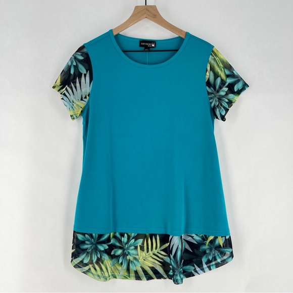Antthony Teal Stretchy‎ Liquid Knit Floral Leaf Print Mesh Sleeves Hem Tunic - Picture 1 of 13